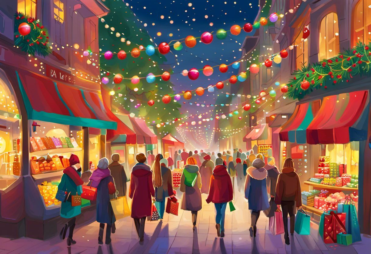 Peinture numérique illustrant un moment de shopping festif